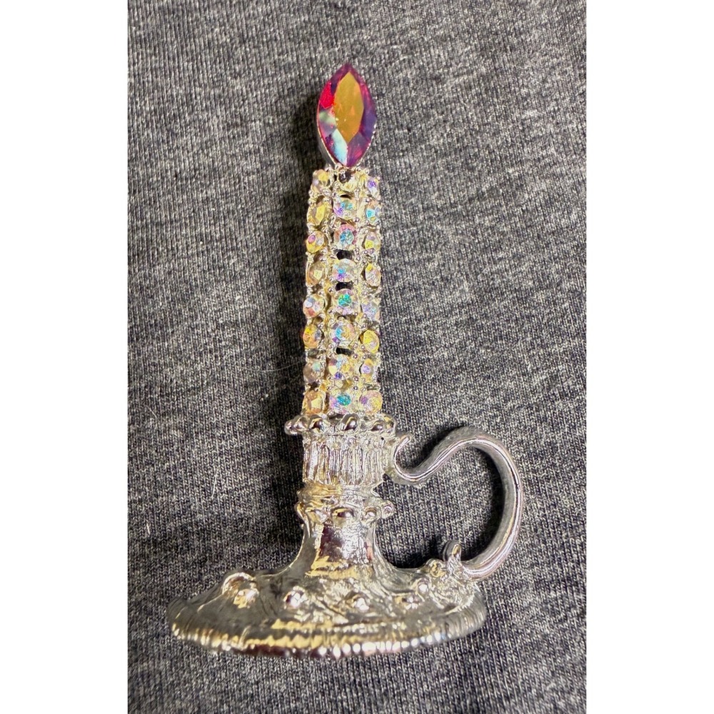 Vintage Silver Tone AB Rhinestone Candle Brooch Holiday Christmas Pin